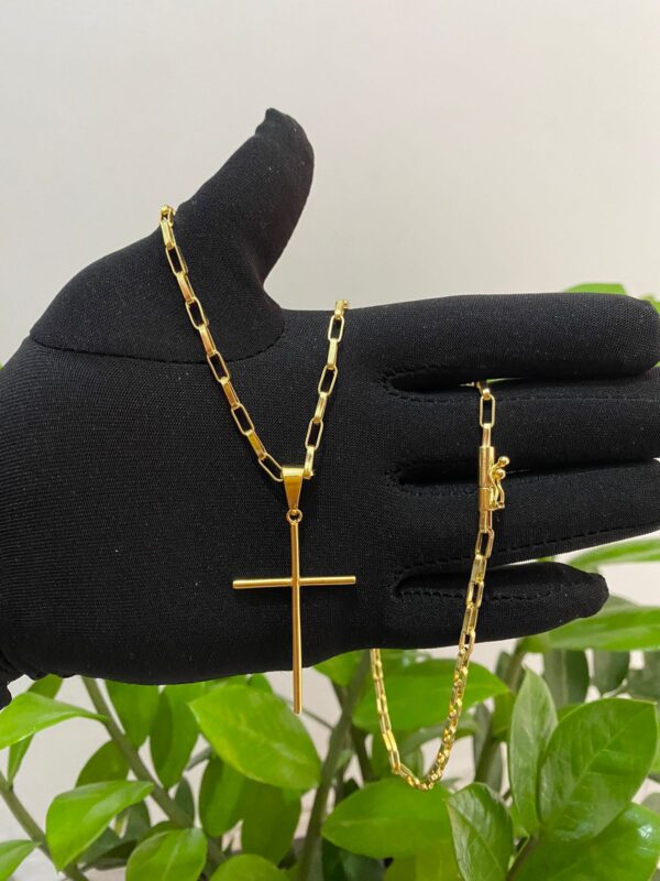 CARTIER 3mm + Pingente Cruz Palito G Banhado a Ouro 18K