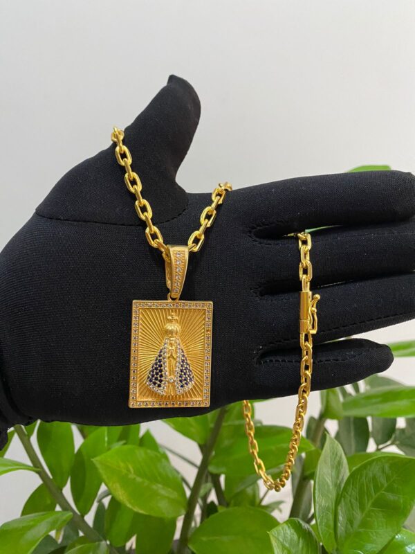 Cadeado 5mm + Pingente Quadrado Nossa Senhora Cravejado G Banhado a Ouro 18K