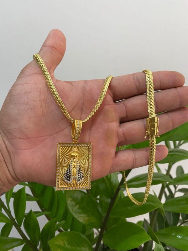 Cuban 6mm + Pingente Nossa Senhora Cravejado G Banhado a Ouro 18K