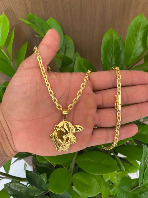Corrente Cadeado 5mm + Pingente Boi Banhada a Ouro 18K