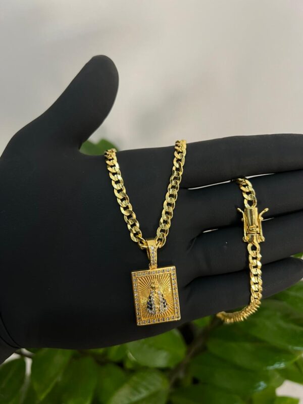 Corrente pitbull 6MM + pingente nossa senhora cravejado MINI banhado a ouro 18k